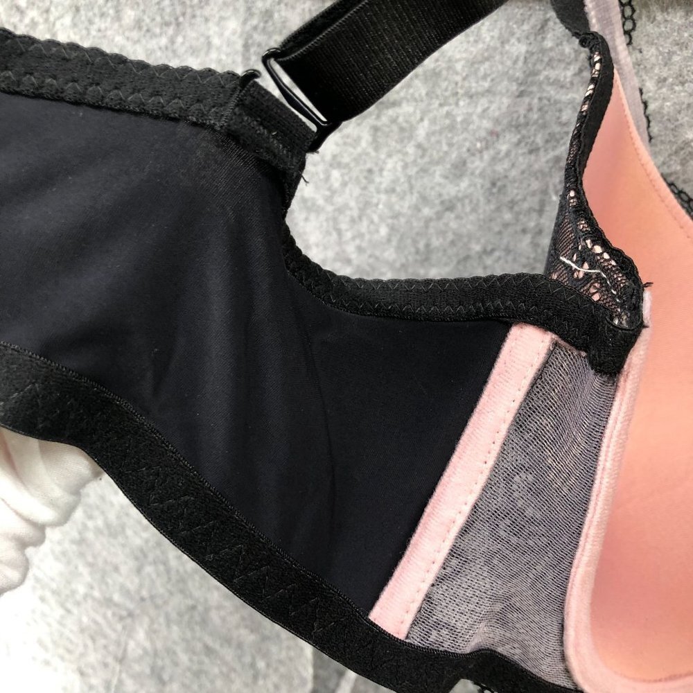 Prima Valentina Plunge Bra Black Blush Pink Lace Layer Size 40DD Lined Racerback - Picture 10 of 12